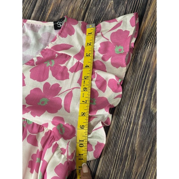Spin USA Womens Mini Dress XL White w/ Pink Floral Print V-Neck Linen - Picture 11 of 15